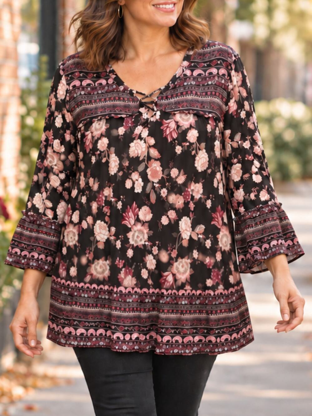Absolutely Famous Floral Boho Bell Sleeve Peasant Blouse L